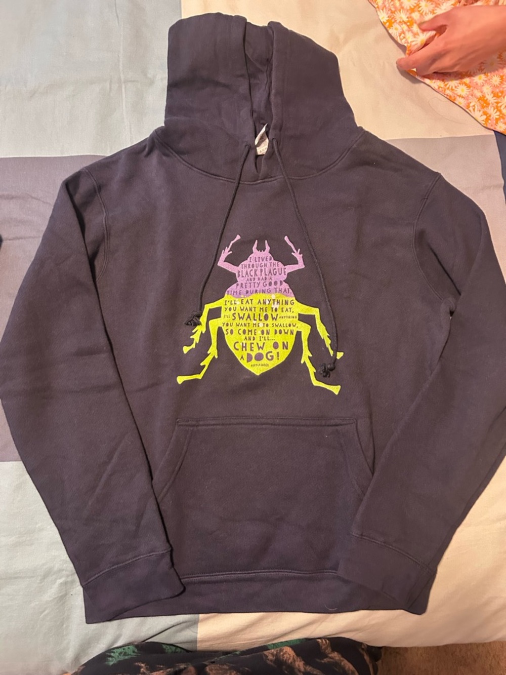 Navy Beetlejuice Graphic Hoodie Sweatshirt with Neon Beetle Print and slogan